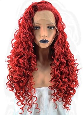 Anogol Hair Cap Kinky Curly Synthetic Hair Red Lace Front Wig Long