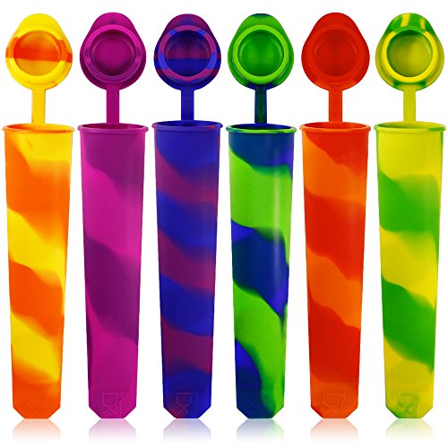 Silicone Ice Pop Molds Set of 6, maxin Mold Colored Rainbow Swirl Ice Popsicle Mold Maker with Attached Lids. (Asorted Color)
