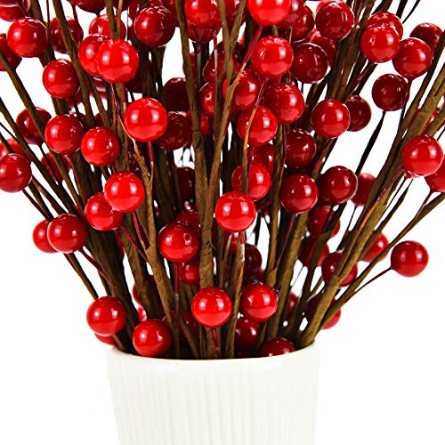 Rocinha 12 Pcs 13.77-inch Red Berry Picks, Artificial Red Holly Branches for DIY Wreath, Garland - Thumbnail 6