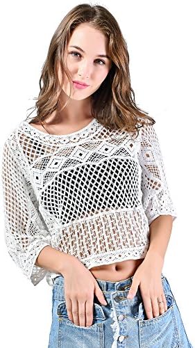 Sweetbei J Women's Sexy Lace Check Crochet Cover up Tops Batwing 3/4 Sleeve Blouse