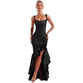 Zymhae Long Mermaid Prom Dresses for Women Ruffle Formal Evening Party Gown with Slit