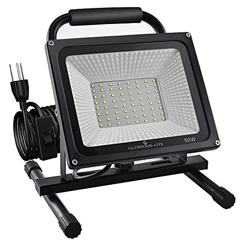 GLORIOUS-LITE 50W LED Work Light Stand, 5000LM Super Bright Flood Work Light, 16ft/5M Cord with Plug, IP66 Waterproof Flood Lights, 6500K, Adjustable Angle Working Lights for Workshop, Garage