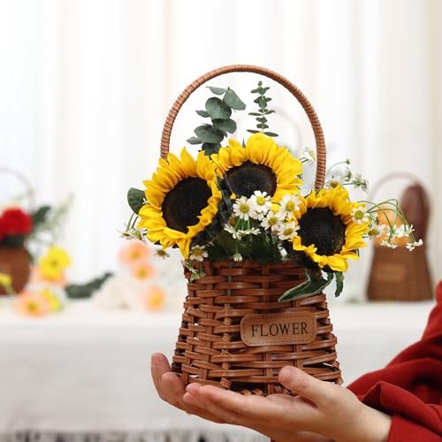 Set of 4 Flower Basket with Handle, QENUIITEA Imitation Rattan Woven Picnic Basket with Plastic Waterproof Lining, Flower Girl Baskets for Wedding Valentine\'s Day, Storage Basket for Home Decor