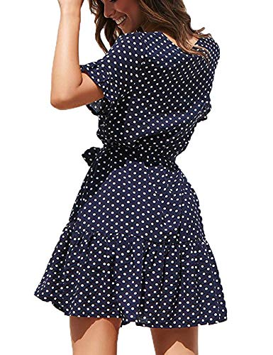 Womens Polka Dot V Neck Button Down Ruffles Casual Loose Swing Short Mini Beach Dress Navy M