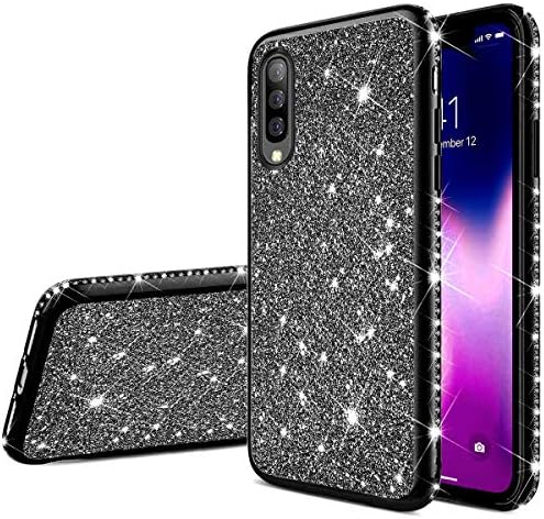 SainCat Compatible with Samsung Galaxy A70 Glitter Sparkle Diamond Rhinestone Shiny Case Shock-Absorption Slim Fit Soft TPU Silicone Protective Bumper Case+Black