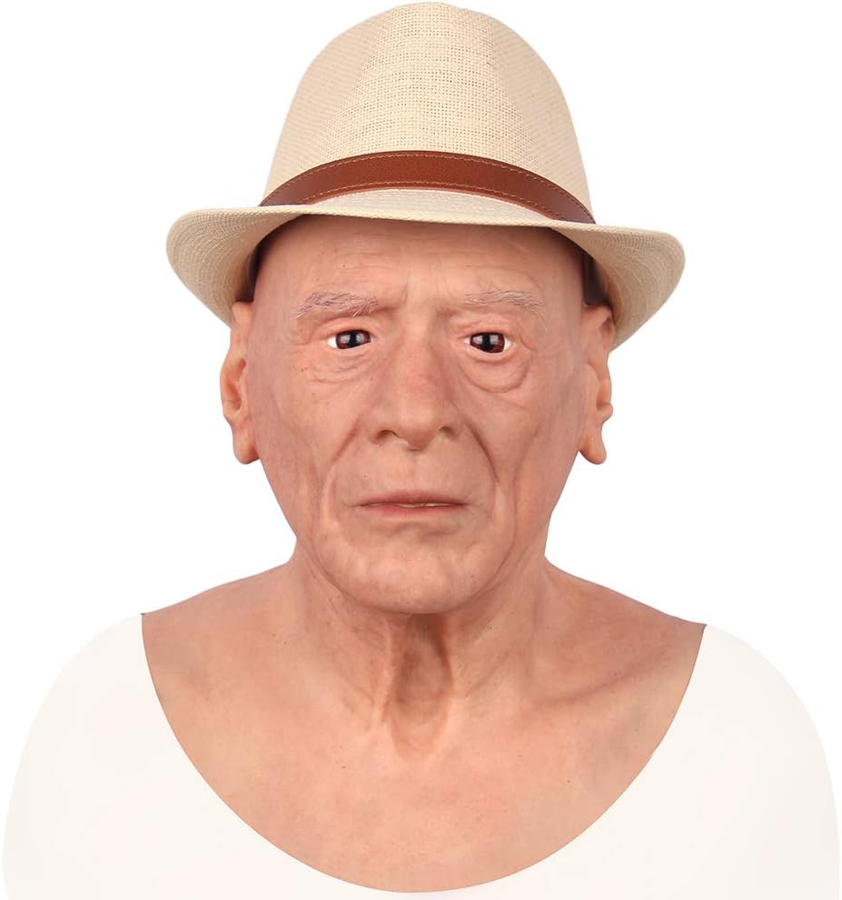 SISHUINIANHUA European Old Man Silicone Realistic Male Head Crossdresser Mask Handmade Makeup Transgender Mask,Tan