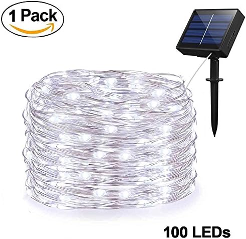 Weepong Solar String Lights, Outdoor Solar Fairy String Lights with 100 LEDs 33ft Silver Copper Wire 8 Modes Waterproof for Outdoor Home Party Wedding Patio Landscape Trees Decor (Cold White)