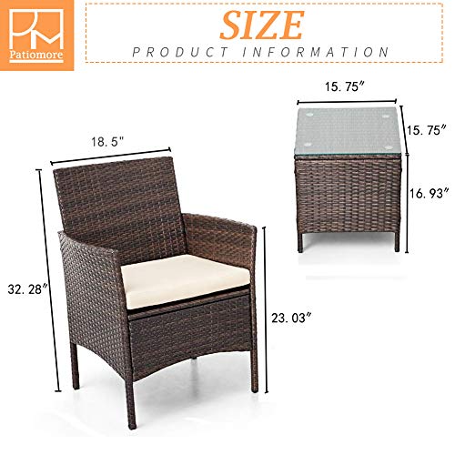 Patiomore 3 Pieces Outdoor Bistro Set Cushioned Furniture Set PE Wicker Patio Chairs with Coffee Table (Brown)