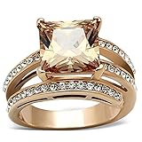 Women's Stainless Steel Rose Gold Princess Cut Champagne Zirconia Cocktail Ring Size 11