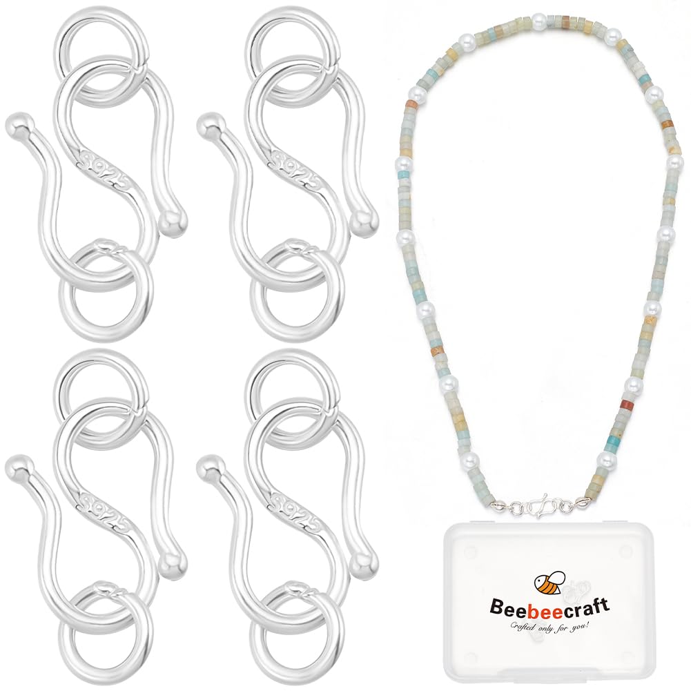 Beebeecraft 1 Box 4Pcs S Hook Jewelry Clasps and Closures 925 Sterling Silver with Jump Rings S Shaped Clasp Connectors for Jewelry Making Bracelets Necklaces Supplies DIY Crafts 9x7x1mm