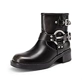 DREAM PAIRS Women's Ankle Boots Fashion Buckles Square Toe Motorcycle Riding Biker Boots Low Chunky Heel Fall Booties Shoes