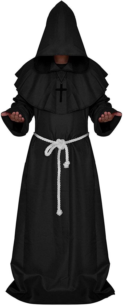 Medieval Priest Monk Robe Hooded Cap Cloak Black Large Clothing