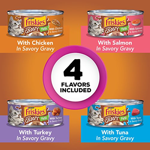 Purina Friskies Pate Wet Cat Food Variety Pack, Extra Gravy Pate Chicken, Turkey, Salmon & Tuna - (24) 5.5 oz. Cans