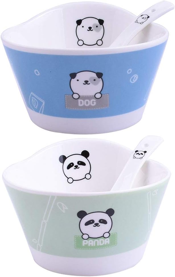 Ceramic Bowls and Spoons Suitable for Kids/Toddler/Baby Feeding – Microwave & Dishwasher Safe Cereal/Soup/Snack Dishes (Panda and Dog)