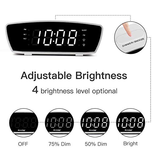 Reacher Modern Dual Alarm Clock Radio with Adjustable Alarm Volume for Heavy and Light Sleepers, USB Phone Charger Port, Sleep Timer, Dimmer, Snooze for Bedrooms Bedside (White) - Thumbnail 4