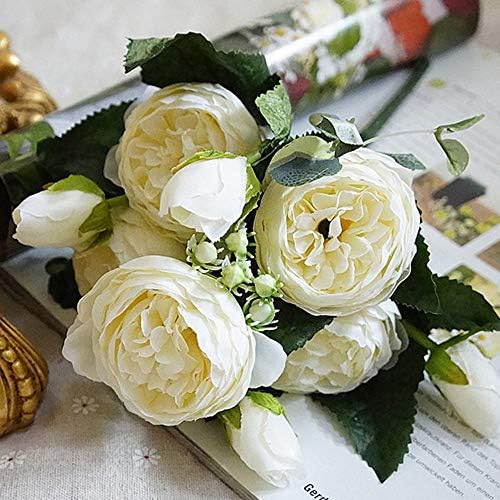 DWE Artificial Peony Flowers, 5 Heads Silk Peony Plastic Fake Flowers Bridal Bouquet for Christmas Wedding Party Home Ddecoration (B White)