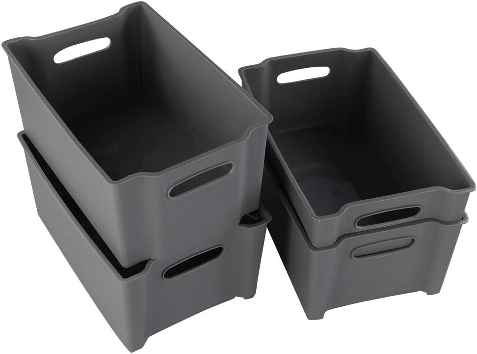 Kekow 4-Pack Plastic Stackable Storage Container Bin with Handles for Organizing, Gray