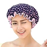 Shintop Waterproof Shower Cap Adult Resizable Double Layer Environmental Bath Hat Chiffon+EVA (Dark Blue Dot)