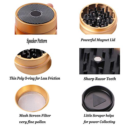 4 Piece Premium Aluminum Herb Grinders,Speaker Pattern Metal Tobacco Grinder with Sifter and Magnetic Top,2.4inch(Gold)
