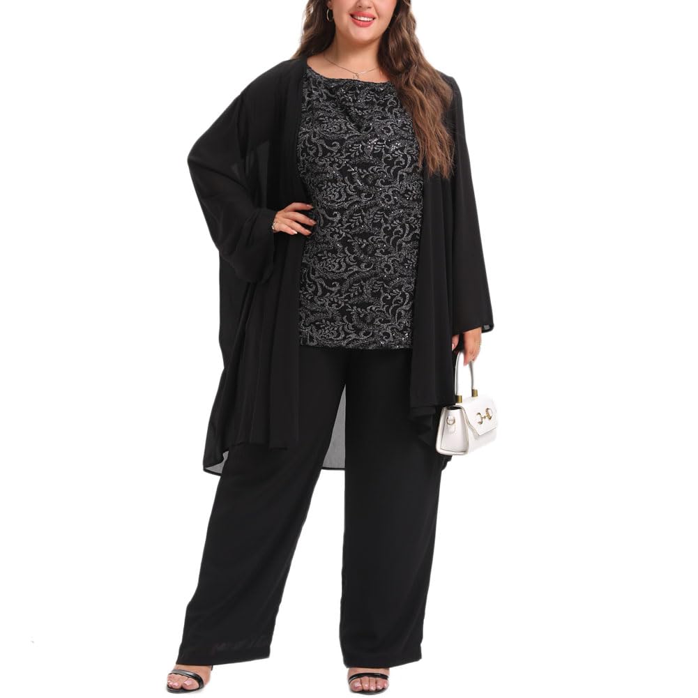 Photo 1 of Women's Plus Size Mother of Bride Pant Suits 3 Piece Chiffon Elegant Sets Lace Wedding Guest Outfit Black size 16