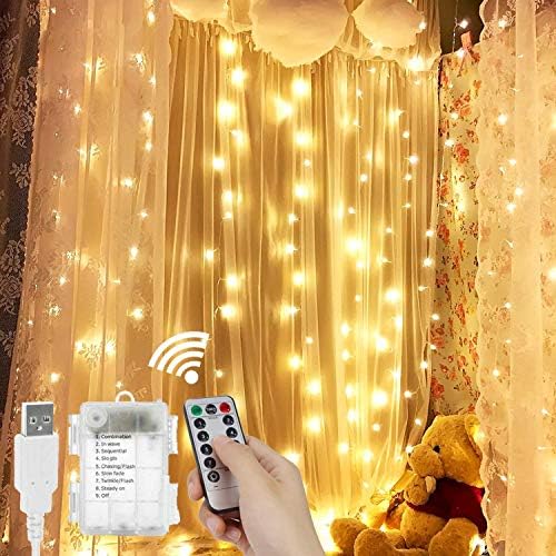 LED Curtain Icicle Lights, String Lights 3M X 3M 8 Modes, USB & Battery Powered String Fairy Light with Remote Control for Wedding, Bedroom, Christmas, Party, Bed Canopy, Garden, Patio,Outdoor Indoor
