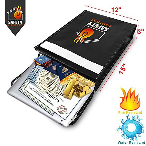 XL Fireproof Document Bag & Waterproof Money Bag (15"x12"x3") Anti-Itch Coating, Velcro Heavy Duty Zipper Closure, Silicone Coated Fire & Water Resistant Envelope Pouch Safety Always First
