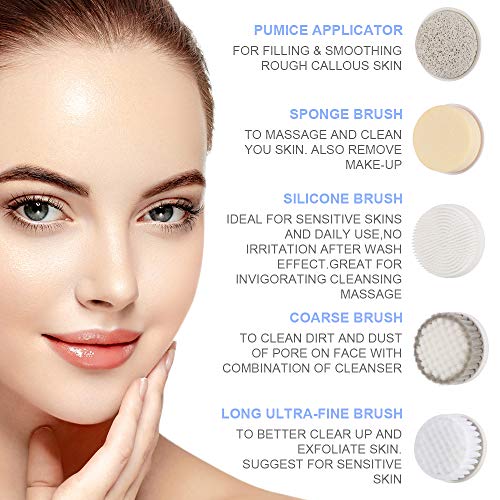 Facial Cleansing Brush, Waterproof Face Brush with 5 Brush Heads,Rotating Deep Cleansing, Gentle Exfoliating, Removing Blackhead for Face and Body