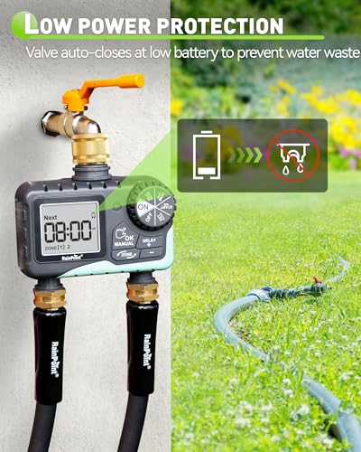 RAINPOINT Water Timer 2 Outlets, IP65 Waterproof Garden Hose Irrigation Timer with Brass Inlet, Rain Delay/Manual Watering, Automatic Watering System for Garden, Yard, Lawn, 2 Zone