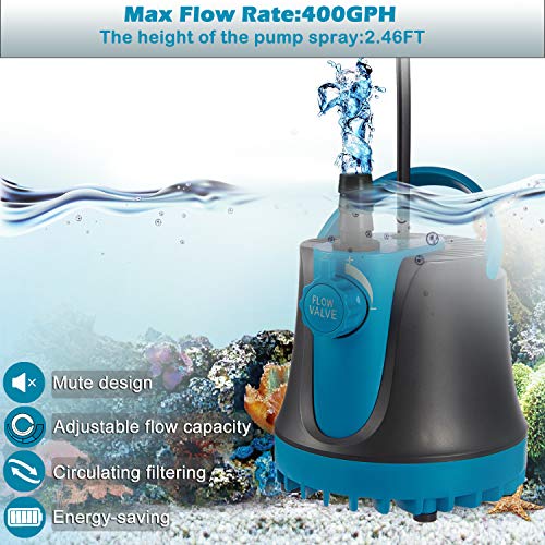 TOPBRY 400GPH Submersible Pump(1800L/H, 25W), Submersible Water Pump, Ultra Quiet Fountain Pump with 2 Nozzles, 5.9ft Power Cord for Fish Tank, Aquarium, Pond, Hydroponics, Statuary (Black - 400GPH)