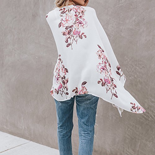 HTDBKDBK Kimono Cardigan for Women Summer Casual Chiffon Shawl Print Kimono Cardigan Top Cover Up Blouse Beachwear White - Thumbnail 3