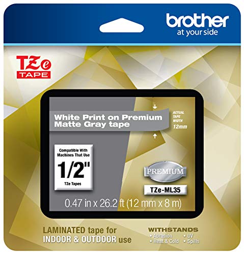 Brother P-touch TZe-ML35 White Print on Premium Matte Gray Laminated Tape 12mm (0.47â€) wide x 8m (26.2â€™) long
