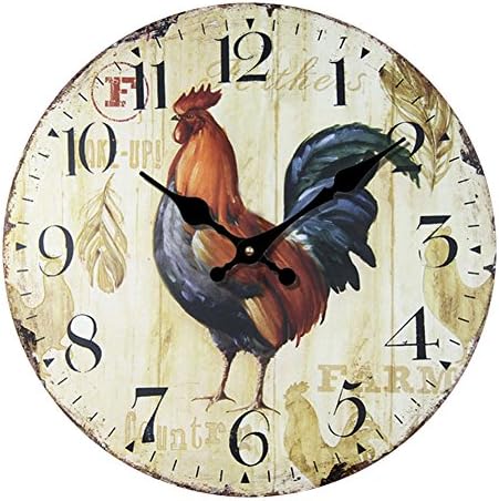 European Style Country Golden Rooster Wall Clock Wooden MDF Silent Art Decor for Home Living Room Office Decoration (12inch)