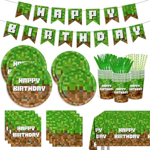 218pcs Green Birthday Party Decorations Plates Napkins Banner Tablecloth Disposable Paper Cups Straws Green Forks Party Supplies Tableware Set for Boys Kid Teen Birthday Decor Serves 24