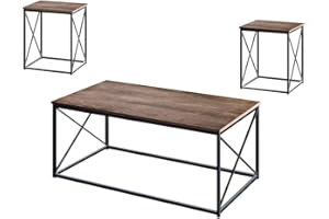 AZL1 LIFE CONCEPT Coral Flower Modern Coffee Table Includes Coffee Table and Two End Tables, Modern Industrial Metal and Wood Occasional Tables, 3pc, Dark Oak
