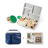 PlanetBox ROVER Eco-Friendly Stainless Steel Bento Lunch Box with 5 Compartments for Adults and Kids - Blue Carry Bag with Dinosaurs Magnets