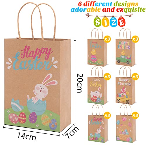 Koogel 18PCS Easter Kraft Gift Bags, Kraft Treat Bags with Handles Candy Bags for Kids Party Favors Goodie Bag Fillers Easter Supplies