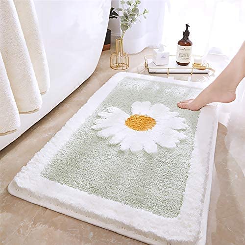 Bathroom Door Entrance Mat Daisy Bath Rug Bathroom Non-Slip Mat Toilet Door Mat Entrance Door Absorbent Mat Anti-Slip Door Mat (Mint Green, 45x65cm)