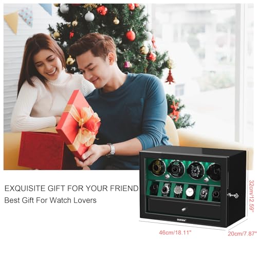 DUKWIN Watch Winder for 2/4/6/8 Automatic Watches with Key Lock, 3/6 Extra Watch Storages,4 Rotation Modes, LED Light, Super Quiet Motor, Spring Watch Pillows for Men＆Women