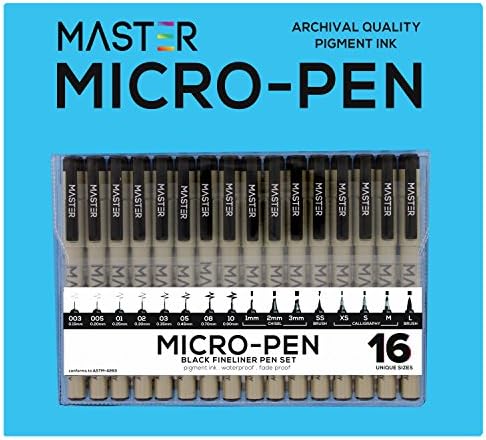 Set of 16 Black Master Markers Micro-Pen Fineliner Ink Pens - 16 Pens with Micro Fine Point, Chisel, Brush &amp; Calligraphy Tip Nibs - Professional Technical Writing Drawing Pens - Artist Illustration