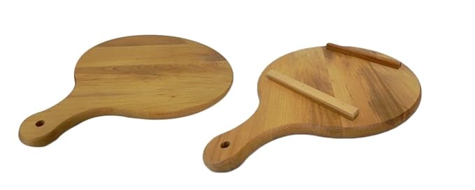 Pizzabrett rund mit Griff und Beine Zirkular Holz Teller Schneidebrett Schneiden Servieren Pizza Massivholz – 35 cm – 35,6 cm