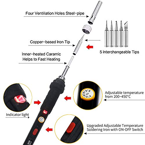 GLE2016 Electric Soldering Iron Kit 60W Adjustable Temperature Welding Soldering Iron with 5pcs Different Tips, 1 Solder Wire 1.0mm Dia. (Soldering Irons) (Upgrade Black) - Thumbnail 3