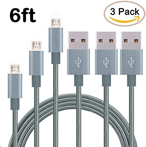 Sethjcsy 3 Pack 6FT Nylon Braided Micro USB Cable High Speed USB 2.0 A Male to Micro B Sync and Charging Cord for Android, Samsung Galaxy S6, HTC, LG, Motorola, Nokia and More (Grey-6ft)
