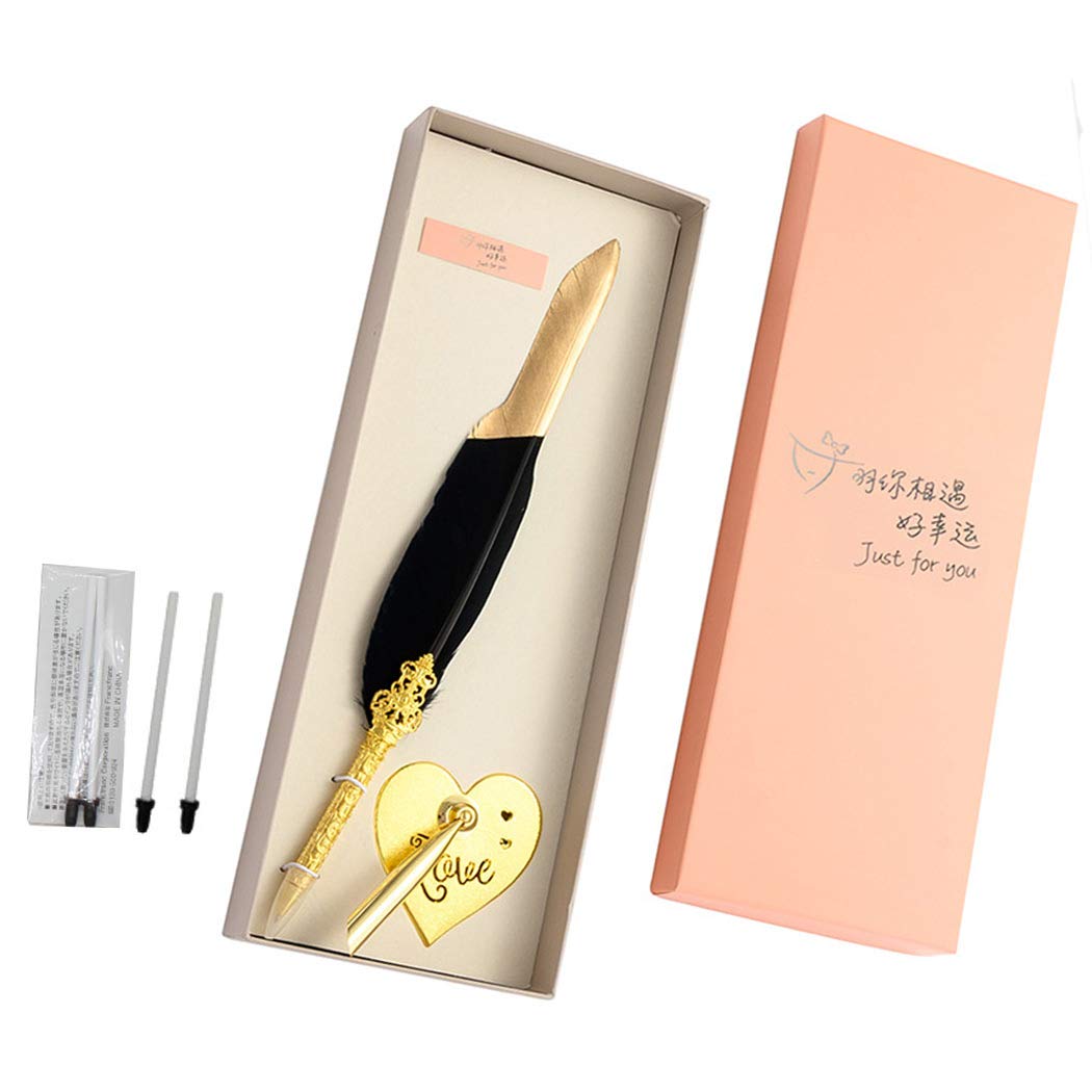 SIPLIV Feather Pen Rollerball Pen with Metal Heart-shape Base Holder Black Ink Ballpoint Quill Pen Add An Elegant Touch to Weddings, Opening, Special Events and More, Gold + Black