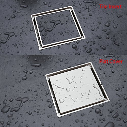 RANDOM 4 inch Square Shower Floor Drain Solid Brass Bathroom Tile Insert Floor Drainer with Removable Strainer Cover Brushed Nickel Finish Anti-clogging for Kitchen, Washroom, Garage and Basement.