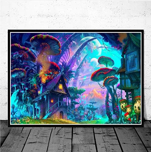 QIUFANGGUO Mushroom Magic Blacklight Oil Canvas Painting Psychedelic Trippy Collage Poster Prints Wall Art Pictures Living Room Home Decor 50 * 70Cm Without Frame