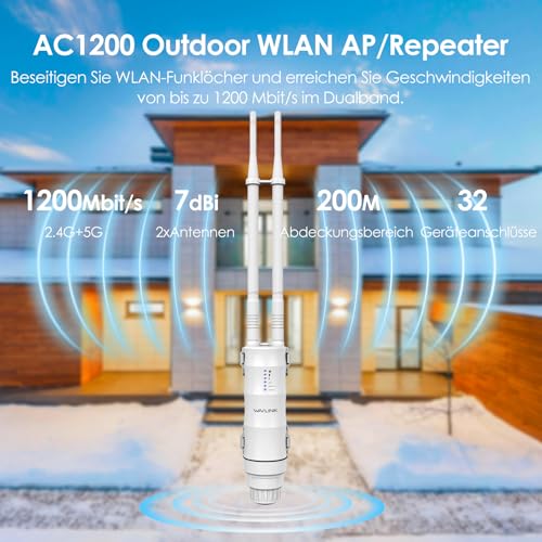 WAVLINK AC1200 Outdoor WLAN Repeater, Weatherproof 1200Mbit/s WLAN Access Point/Amplifier Supports Passive/Active PoE, AP/Router/Repeater Modes, 100Mbit/s WAN/LAN, WPA2, EU Power Supply