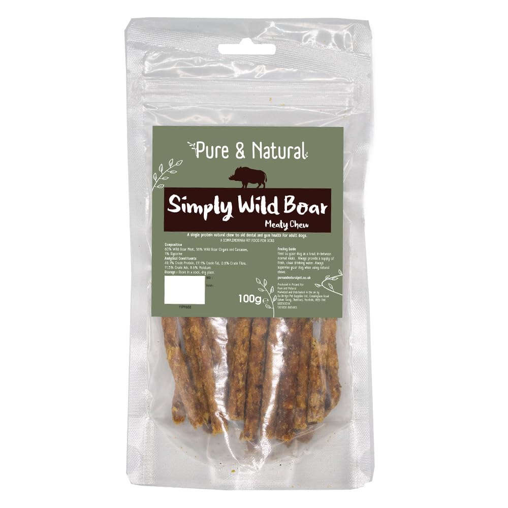 Pure & Natural Wild Boar Meaty Sticks - 100% Natural Dog Treats for Small to Large Dogs, Grain Free Dog Treats for Puppies & Seniors - 100g Bag