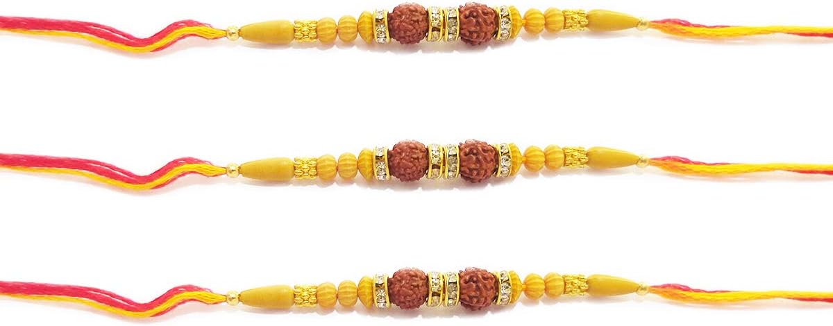 IndiaBigShopRakhi For Brothers, Rudraksha Zirconia Stone Beads Design Rakhi, Rakhi Bracelet, Multi Design And Assorted Color - Set Of 3