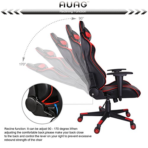 AuAg Ergonomic Gaming Chair Racing Style Adjustable High-Back PU Leather Office Chair Computer Desk Chair Executive Ergonomic Style Swivel Video Chair Headrest Lumbar Support (RED)