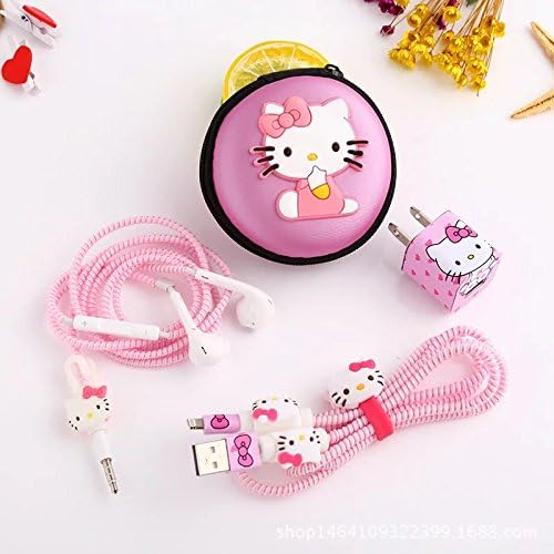 Gros Hello Kitty Spiral Combo 7-in-1 Best Design Pouch, Cable Winder, Spiral USB Cord, Spiral Earphone Cord, Sticker, Cable Clips, Earphone Jack Clip (Pink)